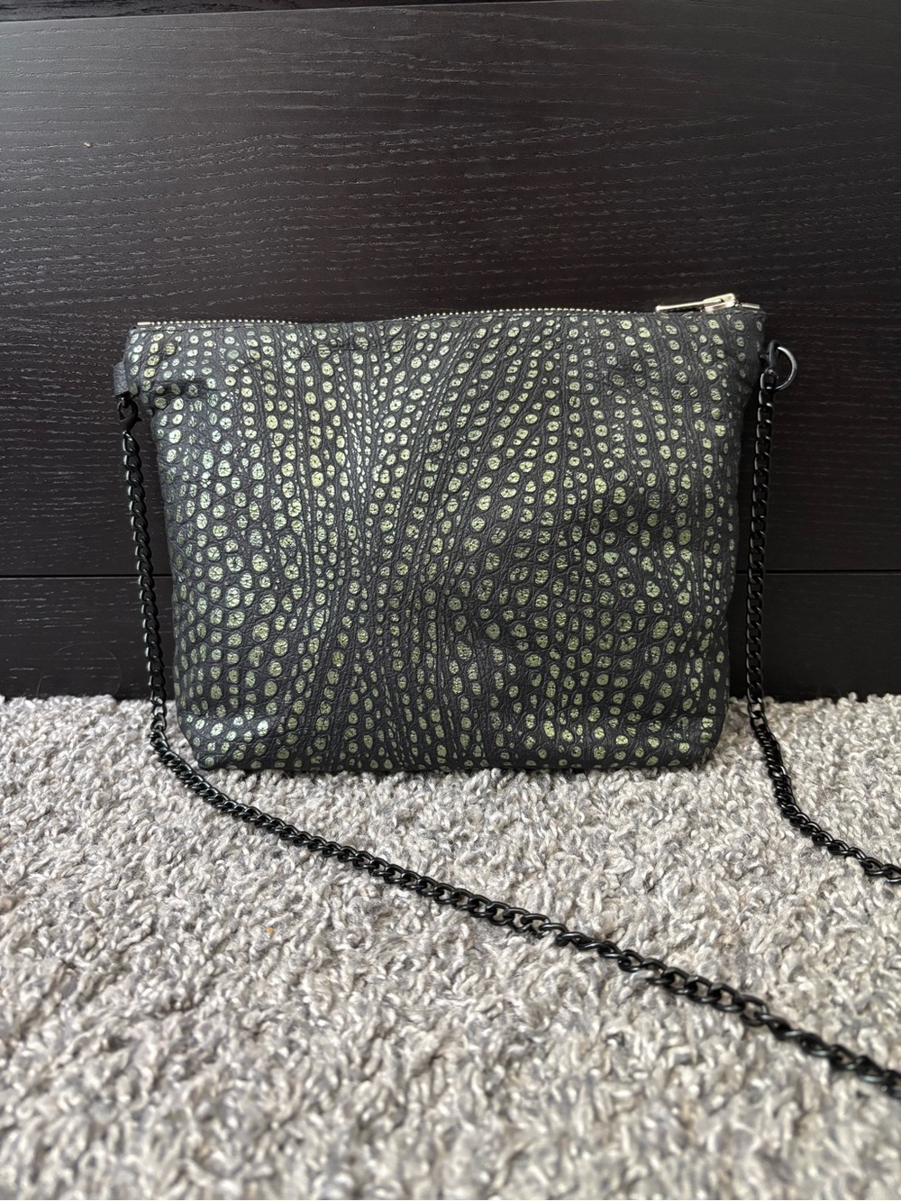 Black and Olive Textured Leather Crossbody Bag with Chain Strap